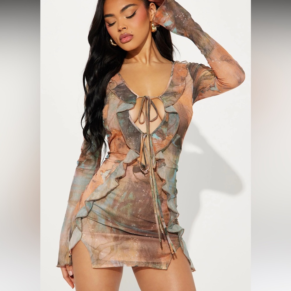 Mesh mini brown, orange and blue dress - NWT